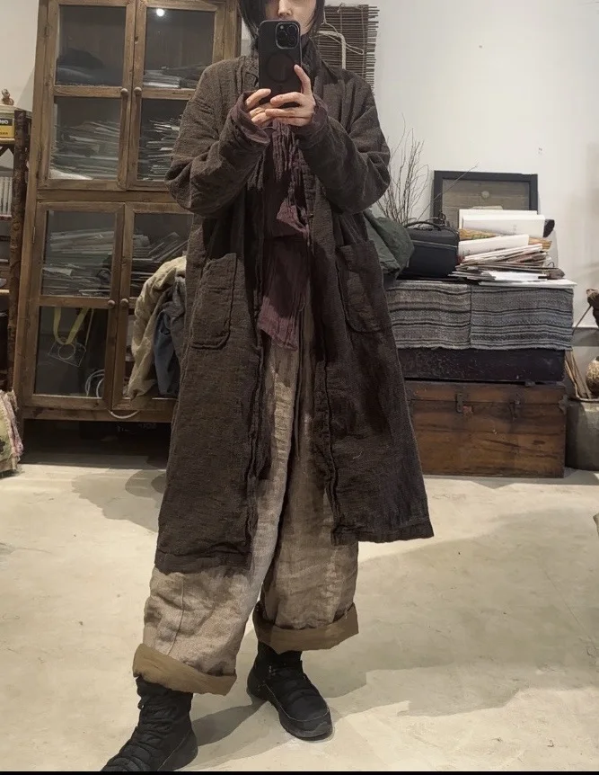 Women Vintage Cotton Linen Trench Turn-down Collar Long Coats Solid Color Loose Original Pockets 2025 New Autumn Spring Trench Women Vintage Cotton Linen Trench Turn-down Collar Long Coats Solid Color Loose Original Pockets 2025 New Autumn Spring Trench