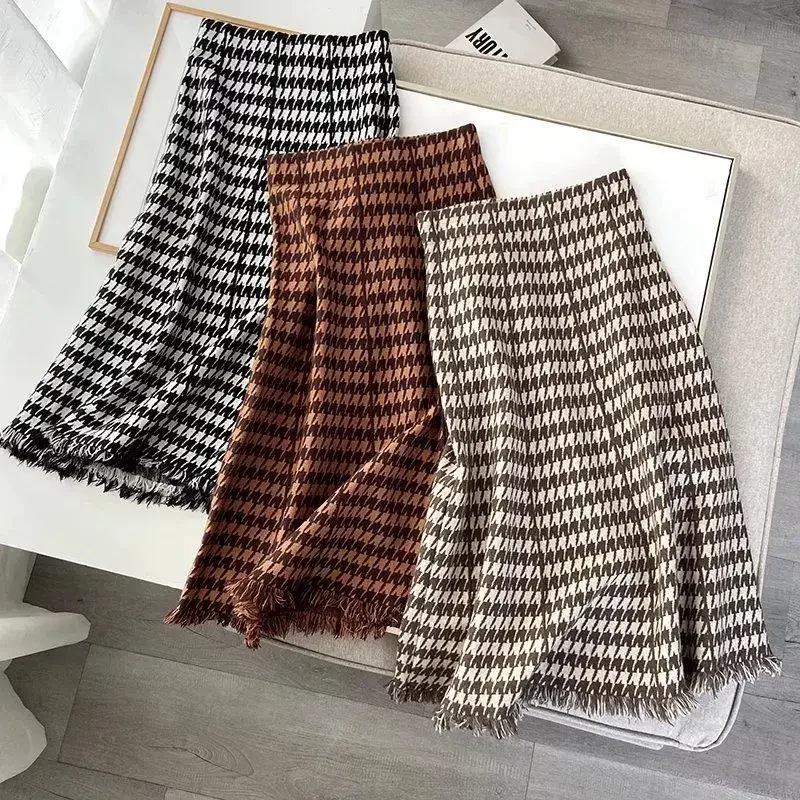 

Kilobird Check Half-body Skirt Female Fall and Winter New Fashion High-waisted Medium-length Wool Knitted Half-body Skirt P589