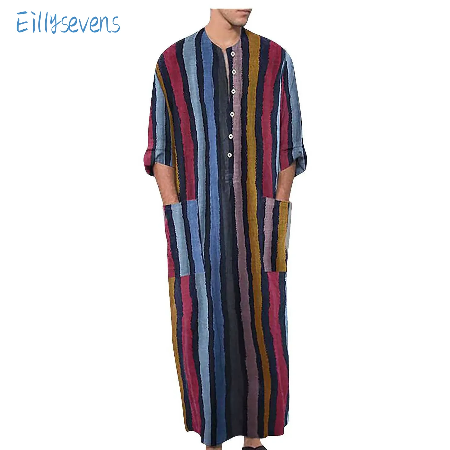

Men'S Muslim Robe Long Sleeve Cotton Striped Robes Summer Islamic Arabian Kaftan Suit Middle East Dubai Abaya Retro Clothing