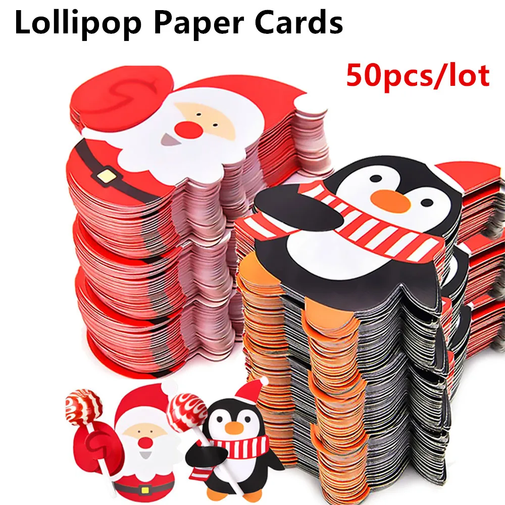 

Lollipop Paper Cards Christmas Cartoon Santa Claus Penguin Snowman Kids Candy Gifts Package Wrapping New Year Party Decoration
