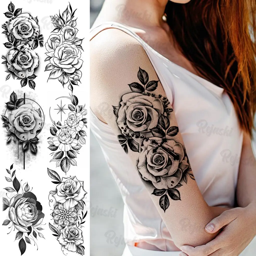 

Large Rose Cross Temporary Tattoos For Women Girls Realistic Flower Mandala Flora Fake Tattoo Sticker Arm Body Tatoos Waterproof