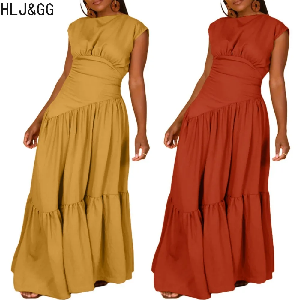 

HLJ&GG Spring New Solid Color Ruched Large Skirt Hem Floor Dresses Women Round Neck Sleeveless Vestidos Casual Female Streetwear