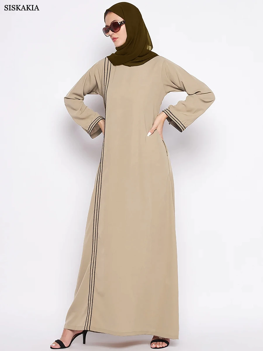 

Siskakia Ramadan Muslim Women Solid Modest Long Dresses Islam Clothing African Saudi Black Strips Casual Abaya Moroccan Kaftan