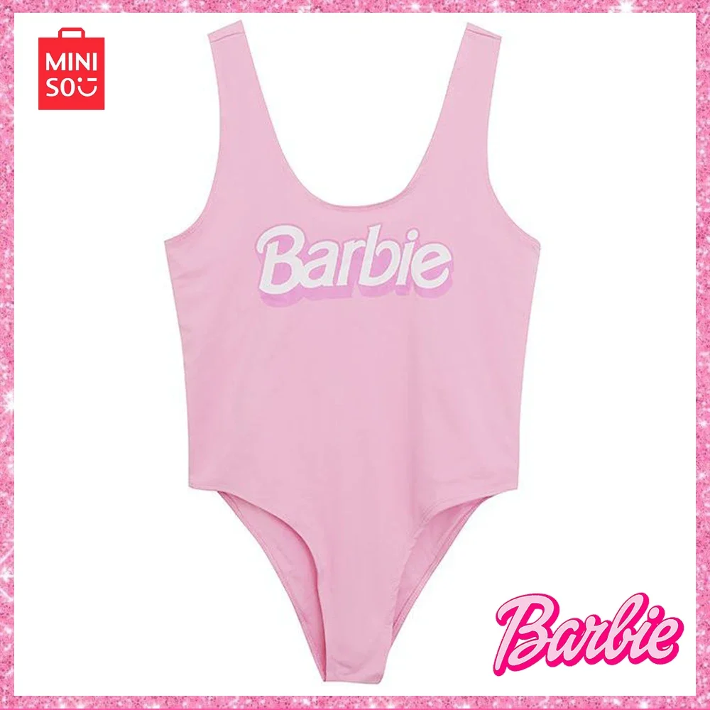 

2024 Miniso Barbie Sweet One-Piece Swimsuit Letter Print Sleeveless Tankini Dress Slim Stretchy Quick-Dry Swimsuit Birthday Gift