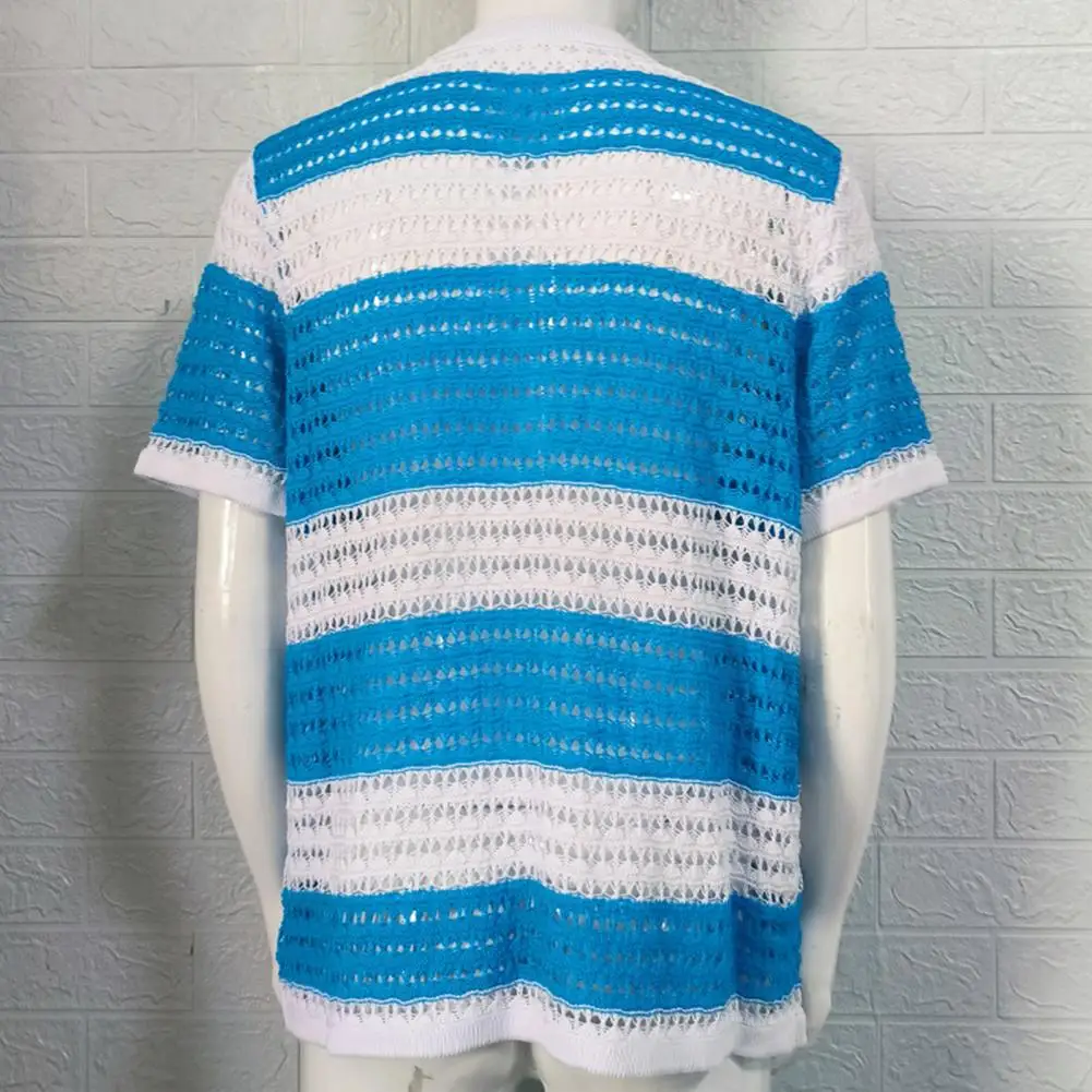 

Trendy Men Sweater Comfortable Men Knitting Shirt Short Sleeve Summer Outdoor Cardigan Stripe Knitting Shirt Breathable