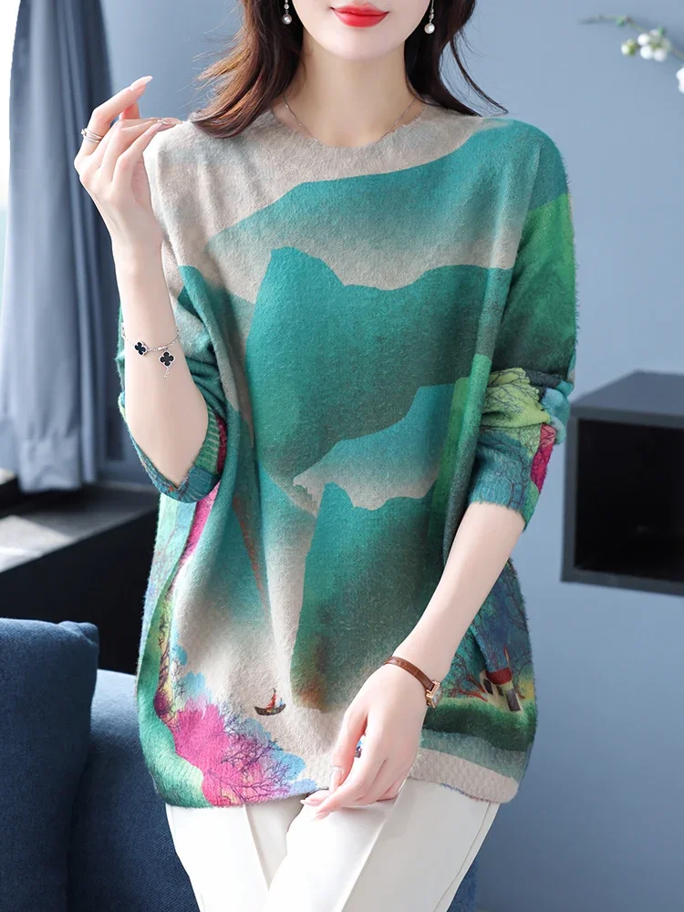 

Print Sweaters Autumn Winter Soft O Neck Knitwears Pullover Pull Femme Casual Jumper Long Sleeve Loose Mink Velvet Sweater
