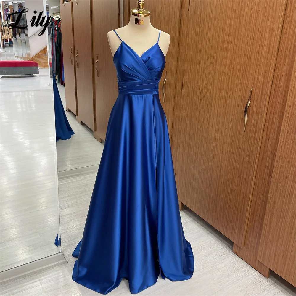 

Lily Royal Blue Evening Dress Sexy Spaghetti Straps Prom Dress Sweetheart A-Line Satin Party Dress With Pleats Robe De Soirée