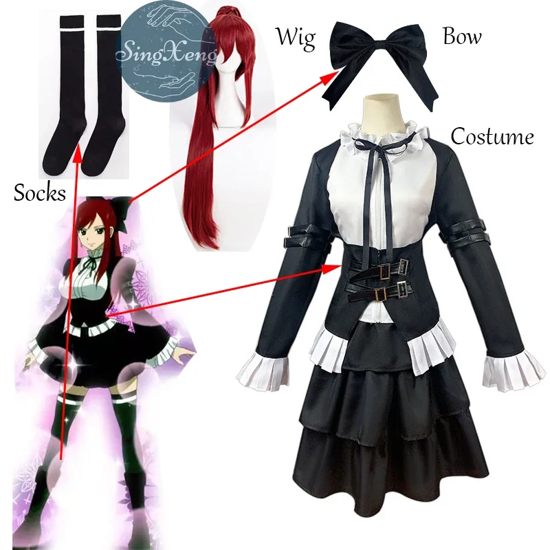 

Anime Erza Scarlet Cosplay Costume Wig Maid Uniform Black Lolita Dress Hallowen Suit Customize