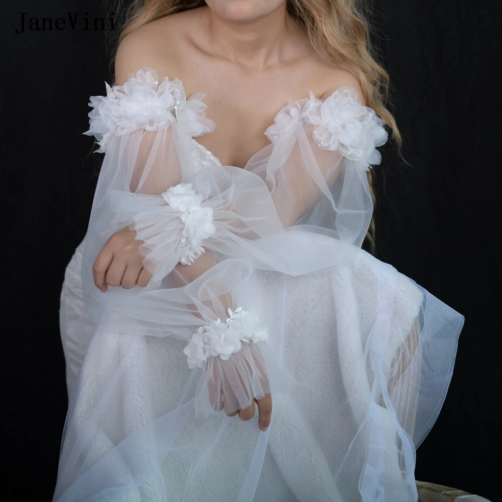 

JaneVini Ivory Luxury Wedding Gloves for Women Fingerless Handmade 3D Flowers Long Bridal Sheer Gloves Wedding Dress Accessories