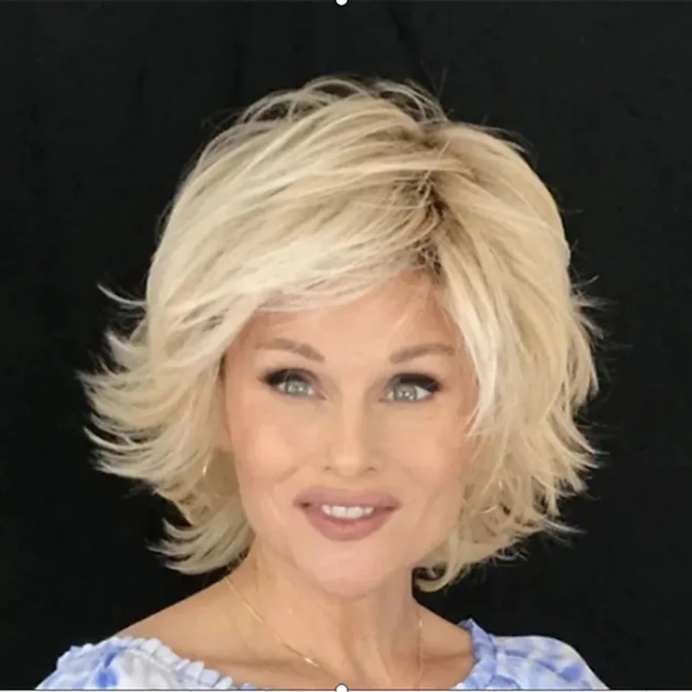 

Blonde Layered Wavy Costume Hair Wigs For Women Synthetic Wig Short Curly Layered Haircut with Bangs Short Wigs with Bangs