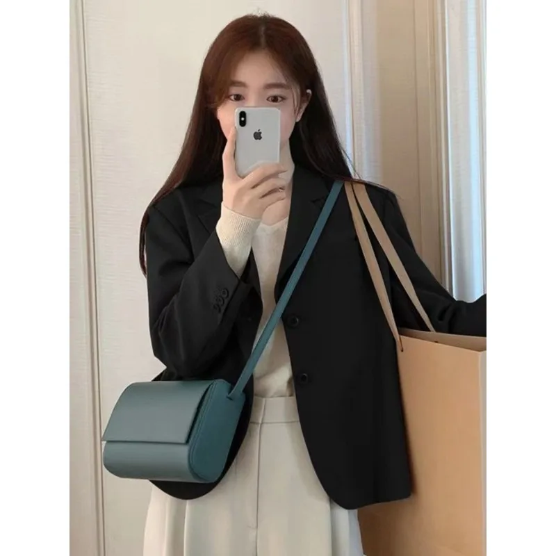 Корейский Осенний костюм 2023, пальто, Женский Повседневный серый короткий костюм, маленький Топ, осенняя Женская одежда для работы