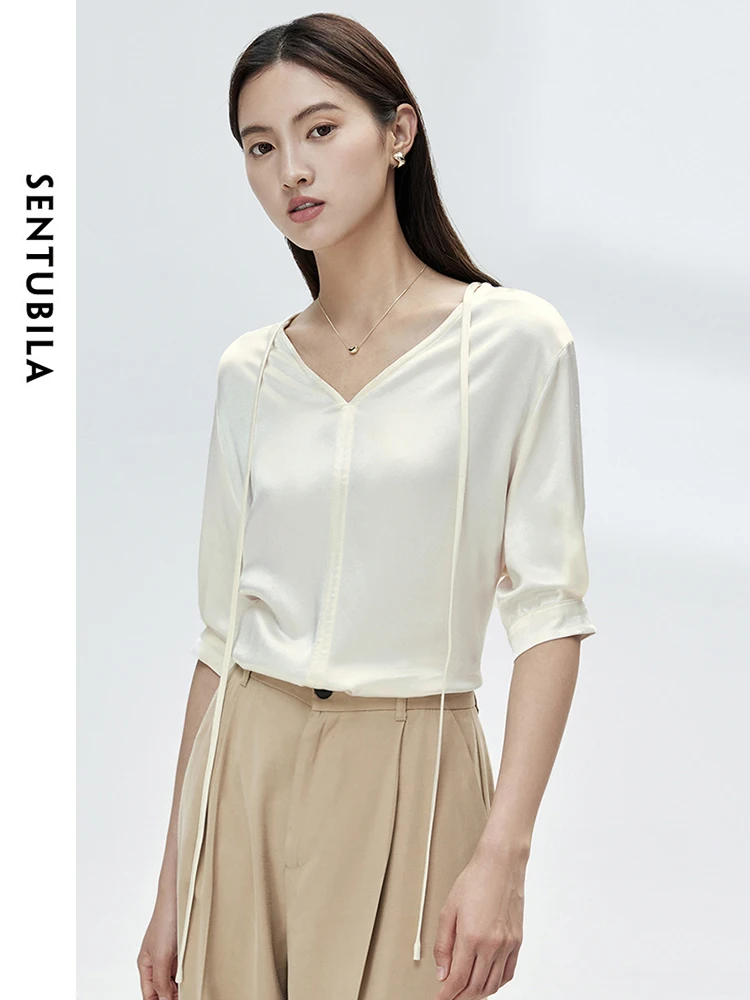 

SENTUBILA Apricot V-neck Fashion Loose Chiffon Shirt 2024 Spring Summer Simple Lace-up Split Hem Blouses Womens Tops M32V49195