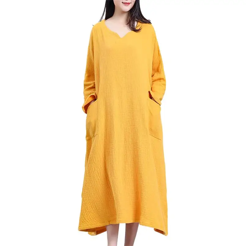 

Women V-Neck Long Batwing Sleeve Sundress Autumn Cotton Long Dress With Pocket Fashion Solid Loose Vestidos Robe Femme