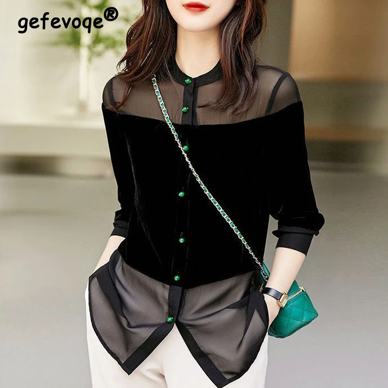 

Sexy Sheer Mesh Patchwork Elegant Chic Shirt Blouse Women Spring Summer Fashion Stand Collar Long Sleeve Black Top Female Blusas