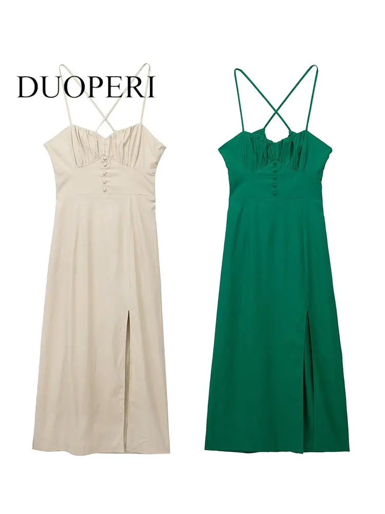 

Платье DUOPERI женское средней длины, модное однотонное миди с Боковым Разрезом, на молнии, с открытой спиной, винтажное шикарное Дамское Платье на тонких бретельках, с воротником-лодочкой