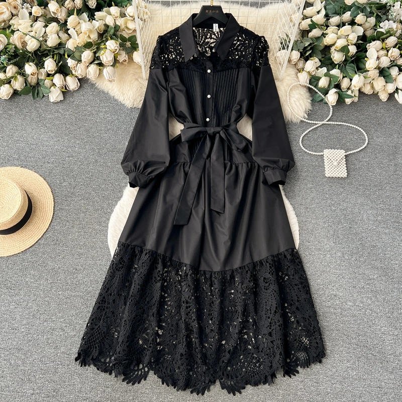 Autumn 2023 Embroidery Hollow Out Patchwork Lace Dress Women's Long Sleeve Single Breasted Belt Bow White Black Loose Vestido
Autumn 2023 Embroidery Hollow Out Patchwork Lace Dress Women's Long Sleeve Single Breasted Belt Bow White Black Loose Vestido