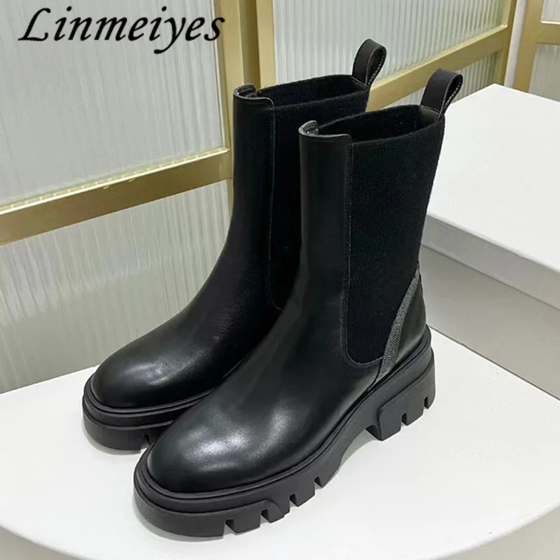 

New Thick Sole Short Boots Women Cow Suede Slip-On Mid-Calf Boots Woman Round Toe Comfort Height Increasing Chelsea Boots Woman
