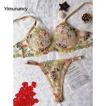 Yimunancy Floral Embroidery Lingerie Set Women Sheer 2-Piece Boho Bra + Panty Underwear Set Intimates