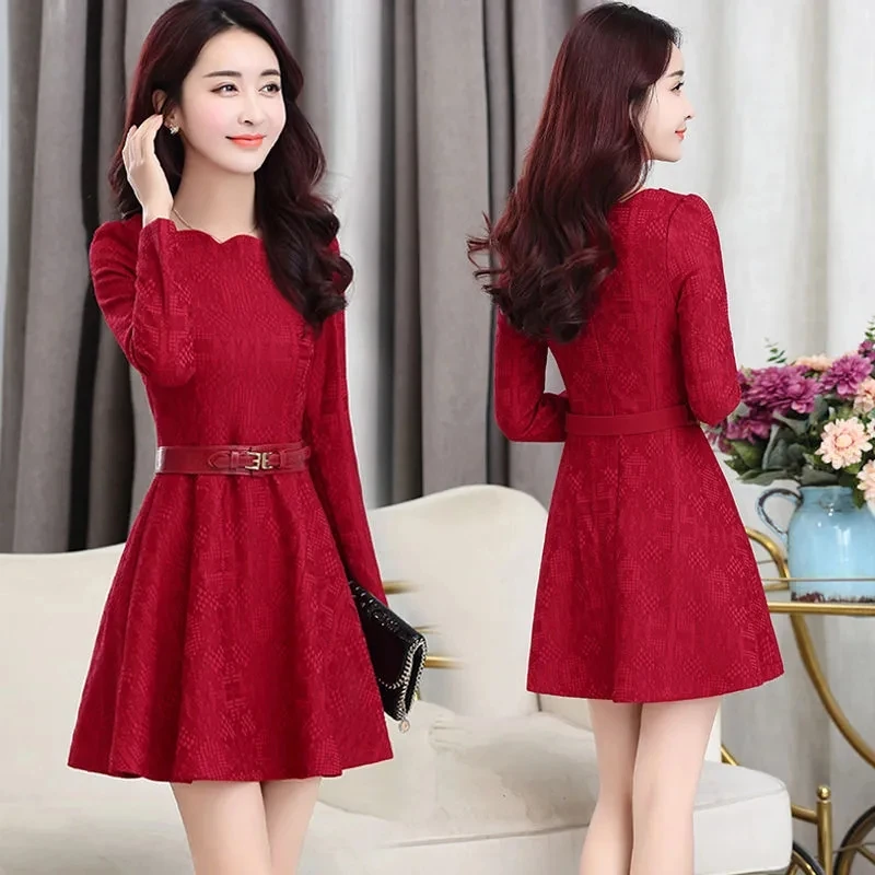 

Spring Autumn Long-Sleeved Lace Dress 2024 New Slim A-Line Office Lady Sashes Zipper O-Neck Midi Dresses Woman Clothing Vestidos