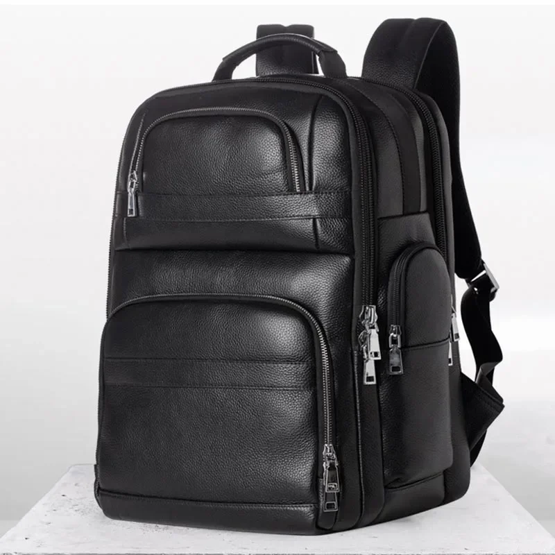 

Men's Quality Genuine Leather Backpack USB charging Women Waterproof Black Laptop Daypack Student Schoolbag Big Travel Rucksack