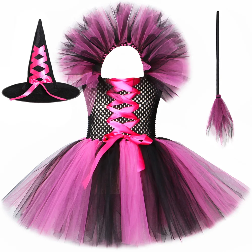 

Evil Witch Halloween Costume for Kids Carnival Party Fancy Dress Up Girls Wicked Witch Cosplay Tutu Dress with Hat Magic Broom