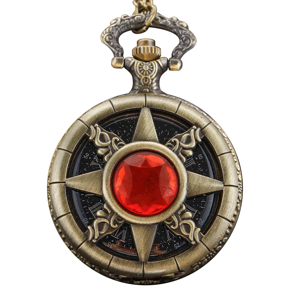 

Red Magic Gem Sun Rune Hollow Embossed Quartz Pocket Watch for Men and Women with Chain Waist Accessories Necklace Pendant