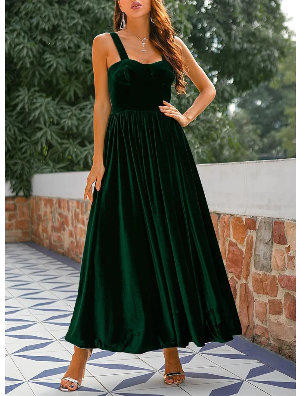 

A-Line Minimalist Sexy Homecoming Cocktail Party Dress Spaghetti Strap Sleeveless Ankle Length Velvet with Sleek Pure Color