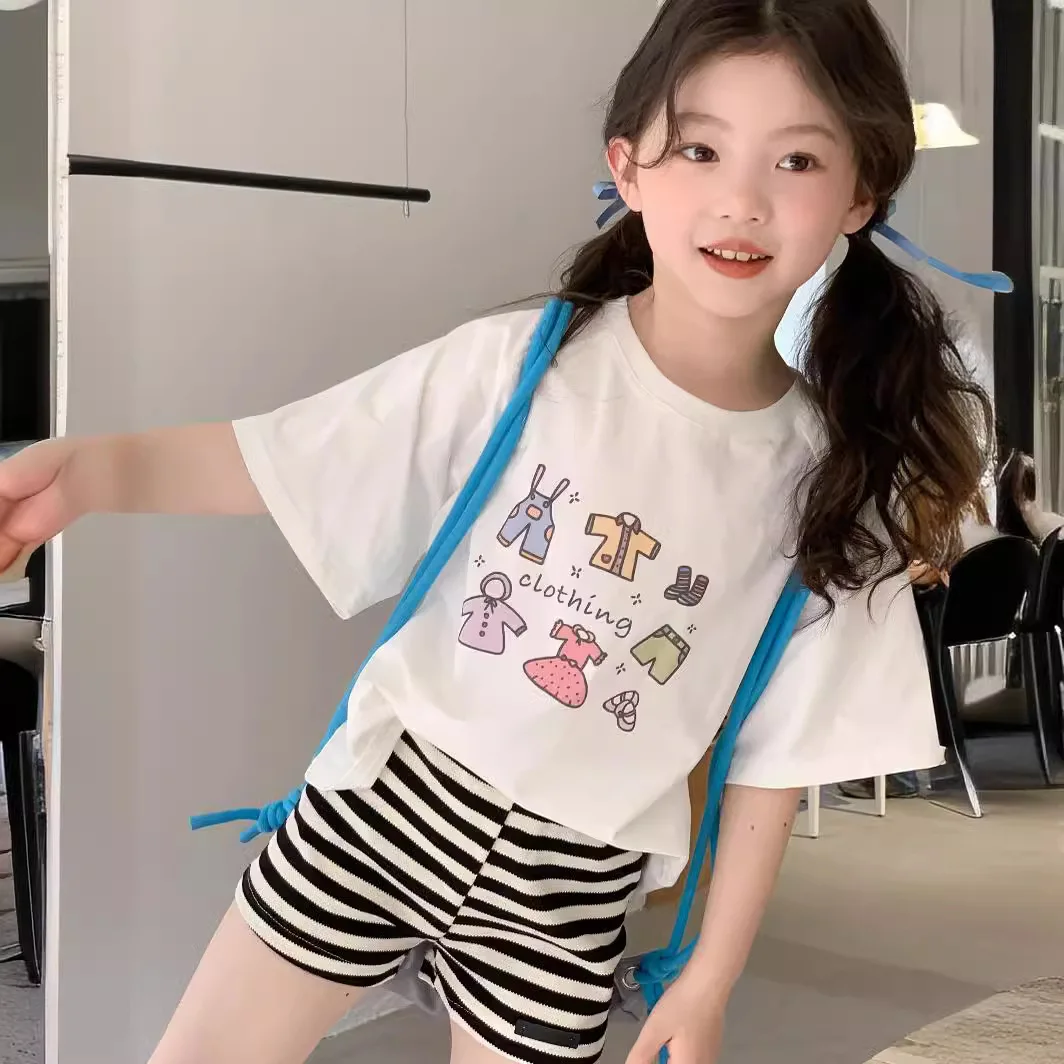 

South Korean Clothing 2024 Summer Girls Cartoon Short Sleeved Big Girl Treasure Cute T-Shirt, Children's Base Shirt