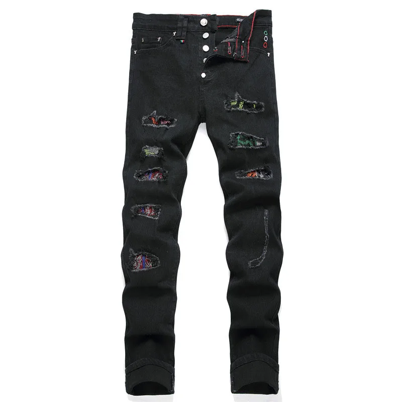 

Mens Punk Style Black Distressed Patch Jeans Streetwear Embroidery Holes Ripped Denim Pants Men Hip Hop Slim Skinny Trousers