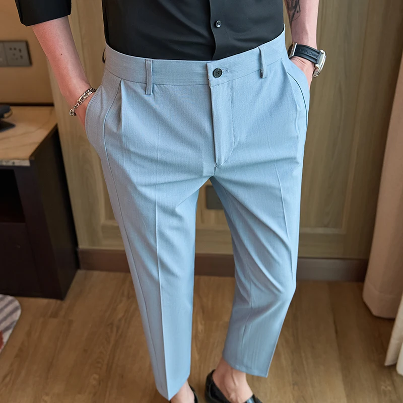 

Summer Thin Business Casual Pants for Men Solid Color Ankle Length Office Social Suit Pants Wedding Groom Trousers Men Clothing