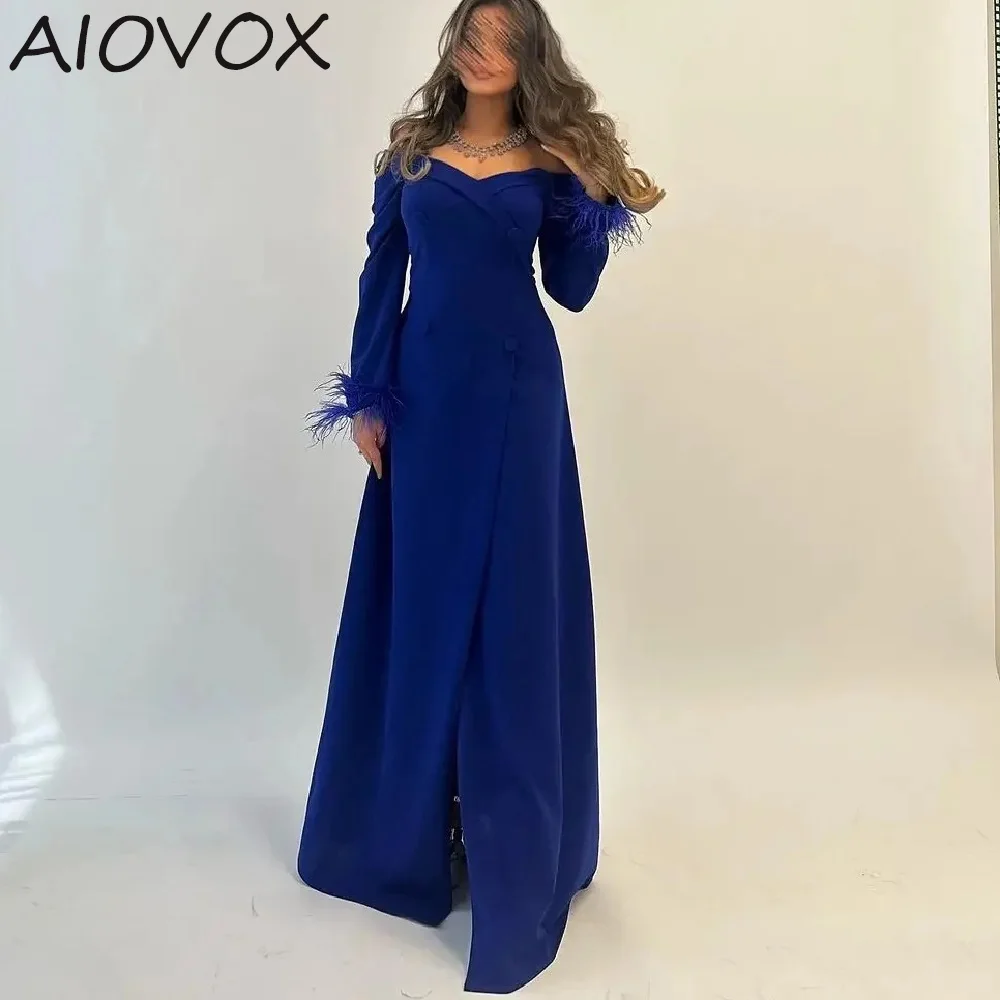 

AIOVOX A-line Party Dresses Formal Occasion Dress Simple Modern Front Slit Off The Shoulder Full Sleeves Feathers robe de soirée