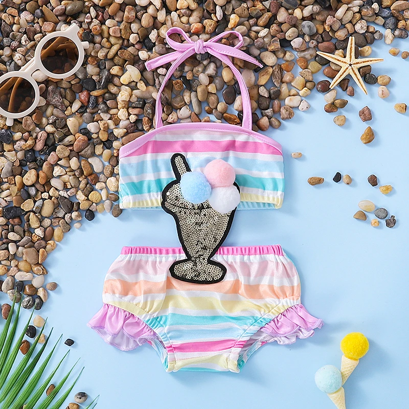 

Baby Girl Colorful Stripes Swimwear Halterneck Sequins Summer Ruffles Swimsuit for Beach/Swimming/Travel