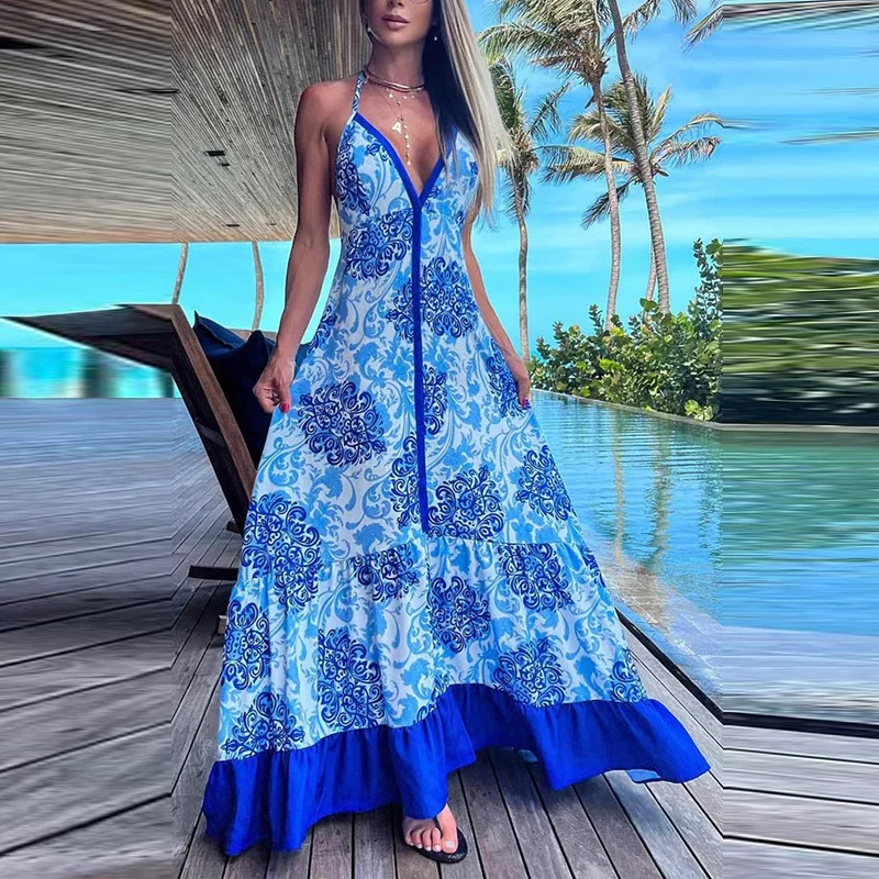 New High Waist Backless Ruffle Beach Dress Elegant Halter Tie-up Sleeveless Party Dress Sexy Print Deep V Neck Hollow Long Dress
New High Waist Backless Ruffle Beach Dress Elegant Halter Tie-up Sleeveless Party Dress Sexy Print Deep V Neck Hollow Long Dress