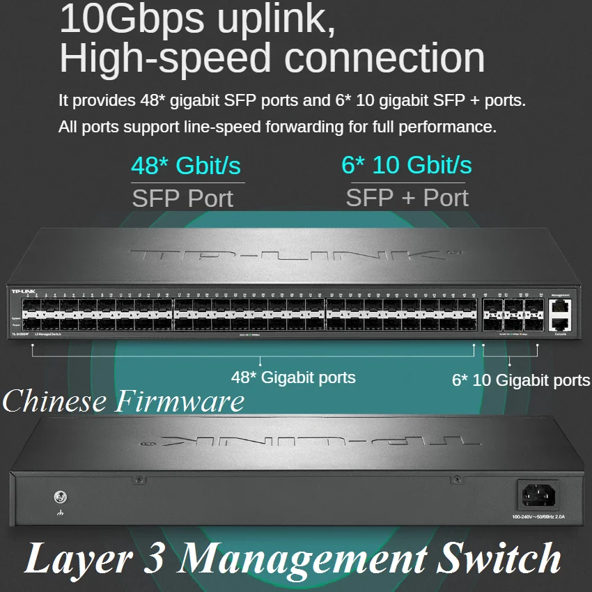 

10Gbps Ethernet Network Switch 6*10000Mbps SFP+ Optical Ports Layer 3 Management Switch 48*SFP Gigabit Ports 32K MAC, VLAN IPv6