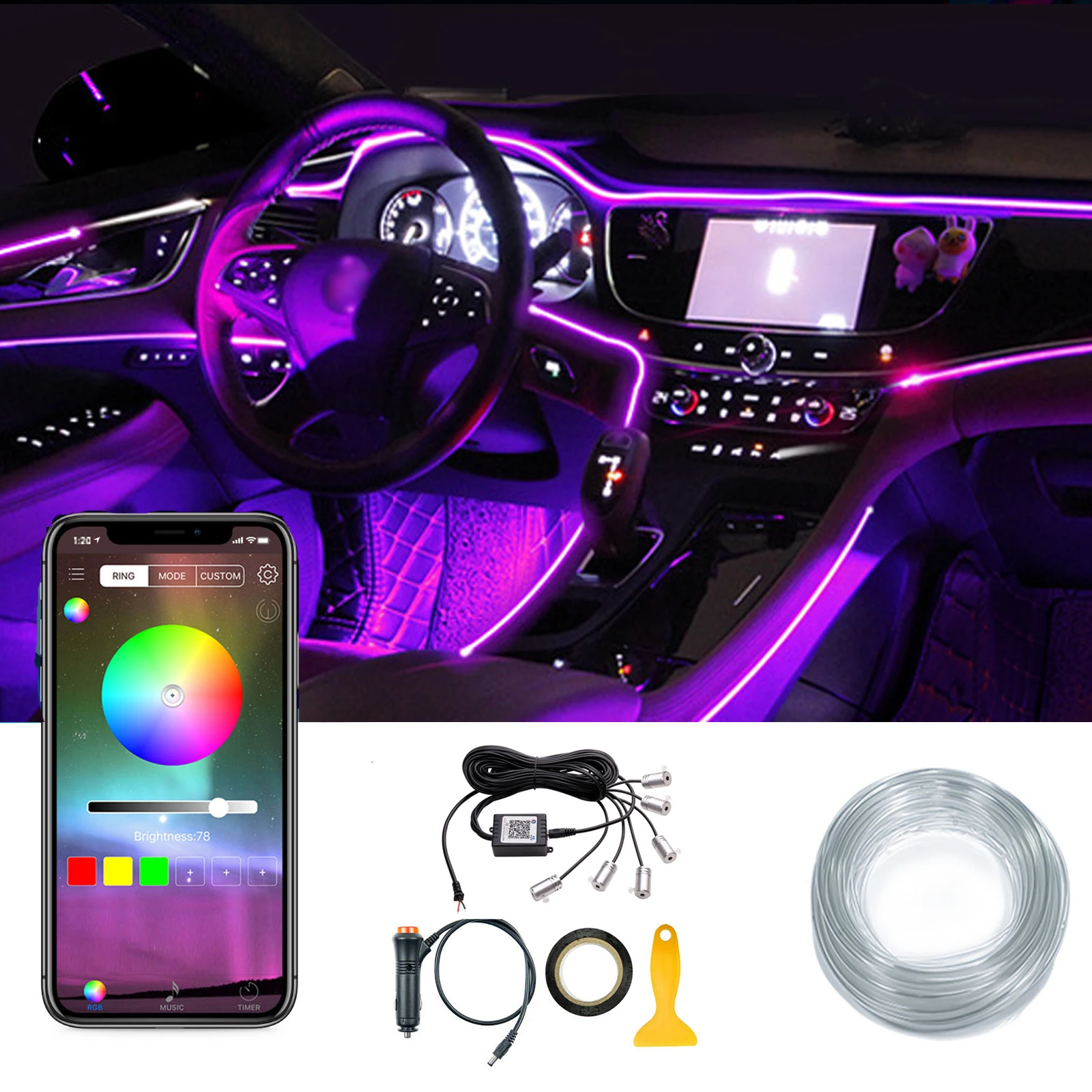 

6 in 1 RGB LED 8M Fiber Optic Band Atmosphere Car Light Interior Ambient Light Fiber Optic Strips Light by App Control DIY Music