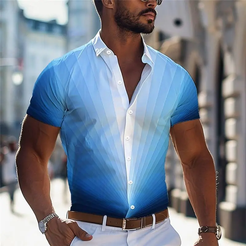 

Рубашка мужская с геометрическим градиентом, деловая Повседневная Уличная одежда с 3D принтом, голубая рабочая рубашка с короткими рукавами, лето