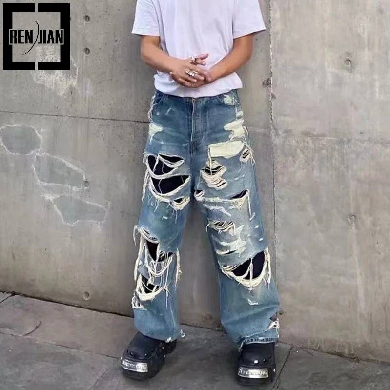 

Men's Vibe Style Destroyed Jeans Pants Fashion Hi Street Ripped Oversize Hip Hop Denim Trousers Loose Fit Distressed Bottoms