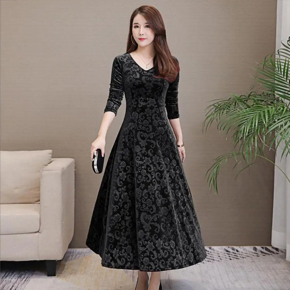 

Autumn Winter Dress Elegant Floral Print Women's Long Sleeve Dress for Casual Party Wear in Autumn Winter Casual Retro Dress