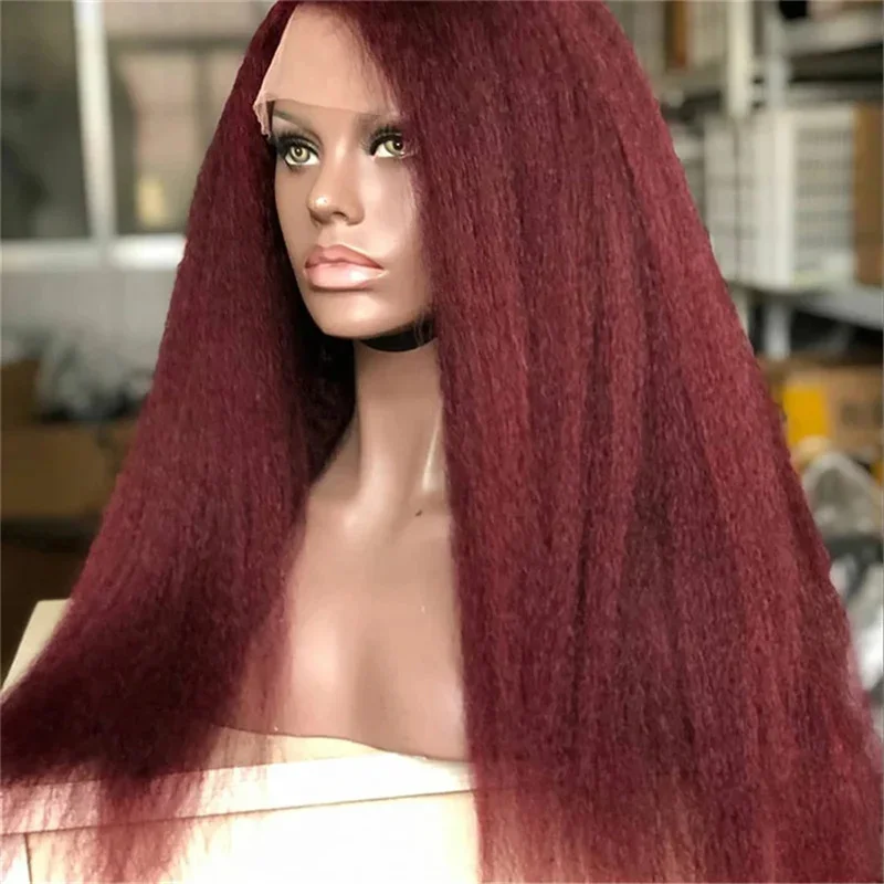 

99J 26Inch Burgundy Soft Long Yaki Lace Front Wig Kinky Straight For Women With BabyHair Preplucked Synthetic Glueless Daily Wig