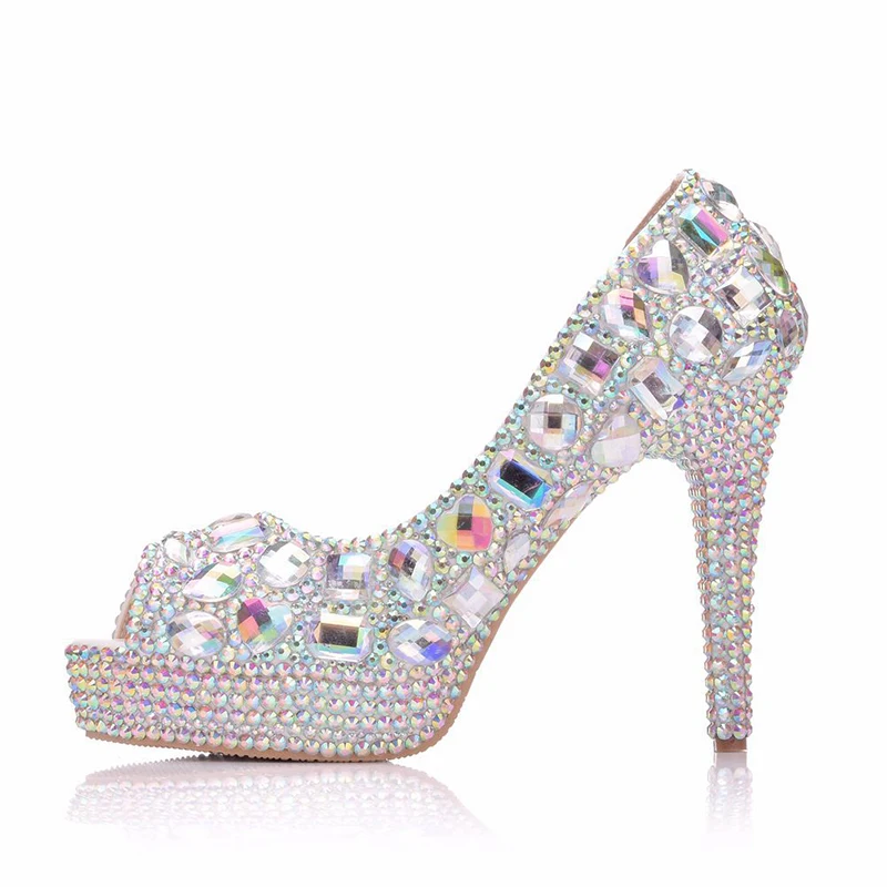 10cm High Heel Rhinestone Wedding Party Shoes Peep Toe Side Cut-outs Sandals Customized AB Crystal Cinderella Prom Pumps
10cm High Heel Rhinestone Wedding Party Shoes Peep Toe Side Cut-outs Sandals Customized AB Crystal Cinderella Prom Pumps
