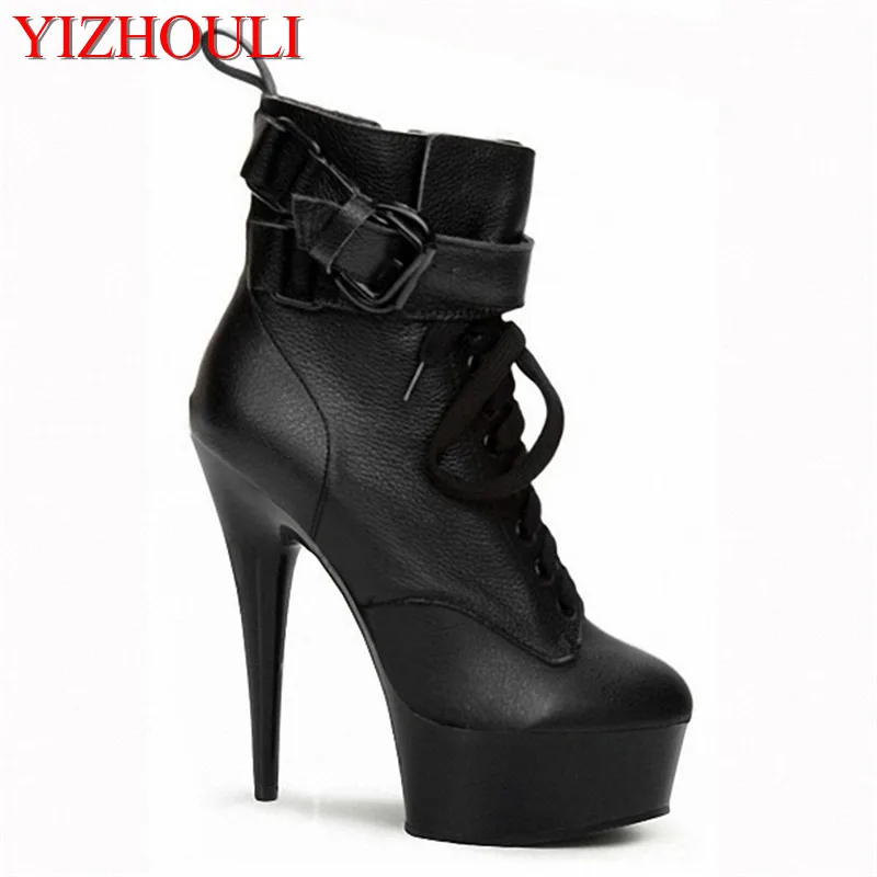 

15cm black strappy sexy boots fashion women motorcycle boots classic Platforms short ankle boots 6 inch high heel dance shoes