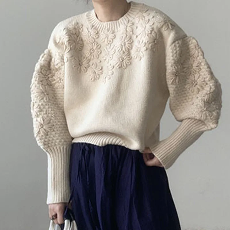 

Женские вязаные свитера, пуловеры, осенне-зимние винтажные вязаные топы с круглым вырезом и рукавами-фонариками, джемпер с 3D цветочной вышивкой, одежда 2023