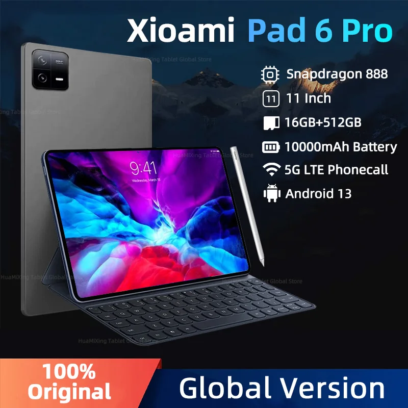 

2023 Global Version Original Pad 6 Pro Tablets PC Snapdragon 888 10000mAh Android 13 11 inch 16GB+1024GB 5G HD 4K Screen WIFI Mi