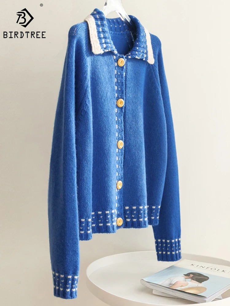 

Birdtree 100%Wool Cardigan Sweater Lapel Solid College Style Age Reduction Comfortable Soft Warm Commute Knit Winter T3D227QD