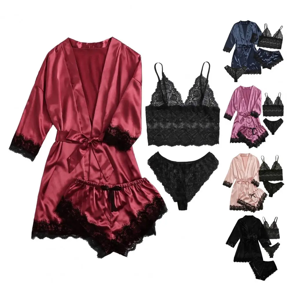 

4Pcs/Set Women Nightgown Suit Sexy Lace Strap Bra G-String Thong Short Pants Glossy Faux Satin Belted Loose Nightdress Sleepwear