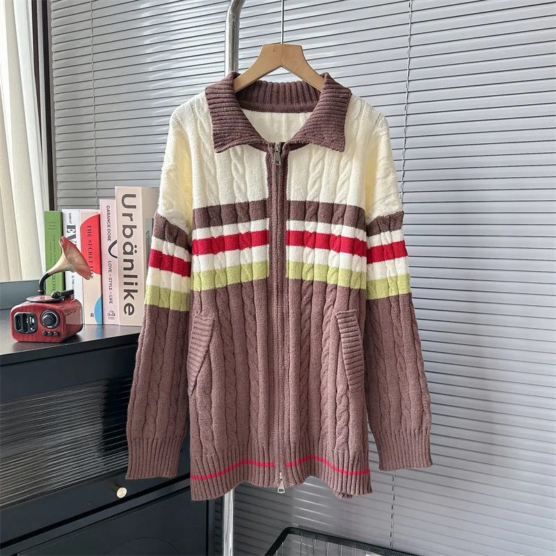 

Twists sweater cardigan women autumn loose lazy style stripe contrast color zipper jumper coat 여성 반팔 니트