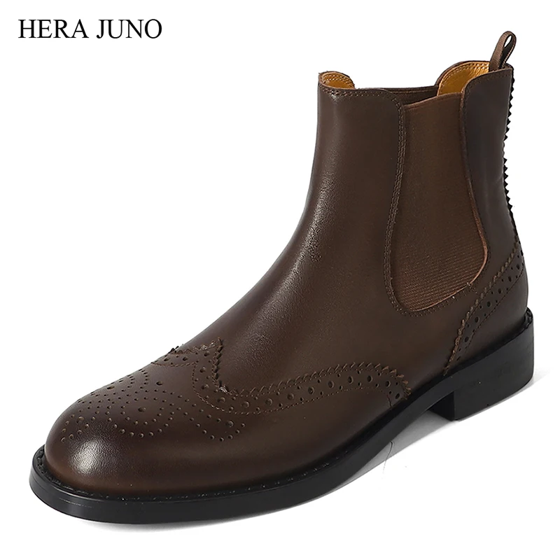 

HERA JUNNO Women's Round Toe Chelsea Ankle Oxfords Dress Boots for Women Mid Calf Pull On Dressy Boot Womens Leather Bootie