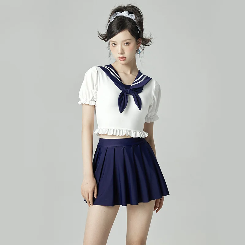 

Wisuwore Japanese Cute Sailor Dress Naval Girls Academy Style Skirt High-waisted Separate Student Uniform Hot Spring Swimsuit