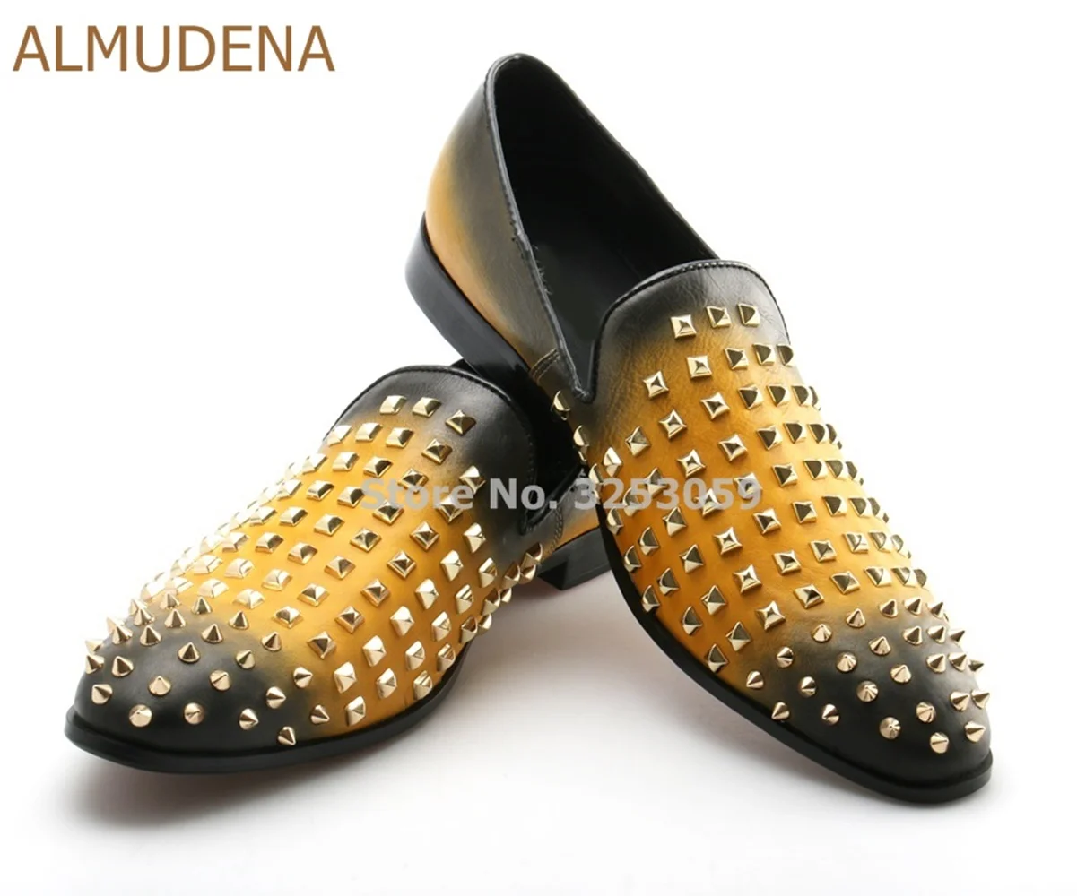 ALMUDENA Men's Luxurious Yellow Black Gradient Color Patchwork Dress Shoes Rivets Loafer Shoes Slip-on Gold Studded Suit Shoes
ALMUDENA Men's Luxurious Yellow Black Gradient Color Patchwork Dress Shoes Rivets Loafer Shoes Slip-on Gold Studded Suit Shoes