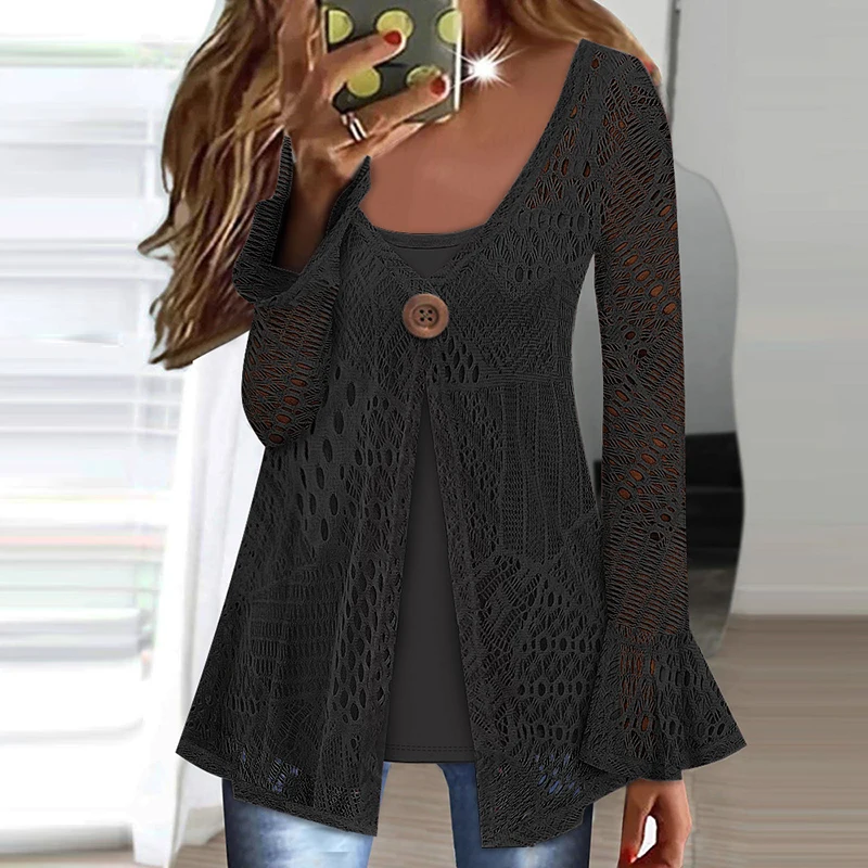 Chic Women Hollow V-Neck Office Slim Blusa Elegant Lace Stitch Fake Two Piece Sets Vintage Open Slit Flare Sleeve Blouse Shirt
Chic Women Hollow V-Neck Office Slim Blusa Elegant Lace Stitch Fake Two Piece Sets Vintage Open Slit Flare Sleeve Blouse Shirt